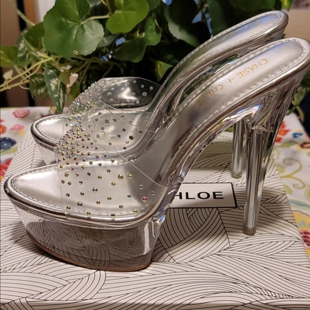 Chase + Chloe Silver Clear Platform Stiletto Heels with Iridescent Rhinestones
